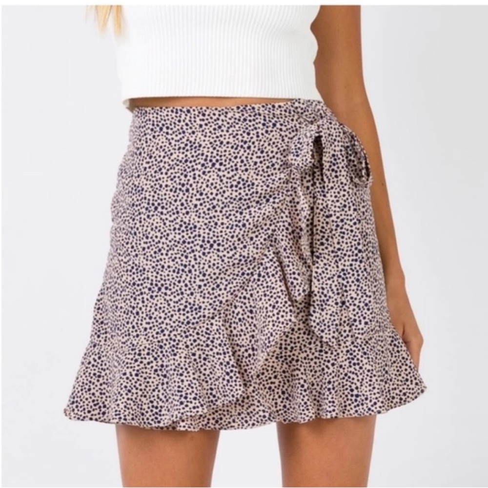 Princess Polly Beige Mini Skirt with Navy Dot Print and Tie Waist